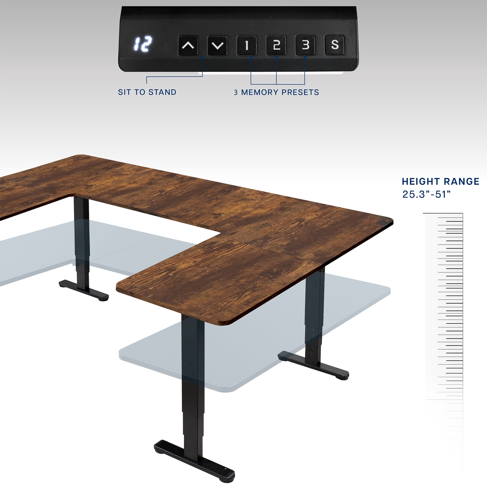 VIVO Vintage Brown/Black U-Shaped 83"x60" Height Adjustable 4-Leg Electric Desk