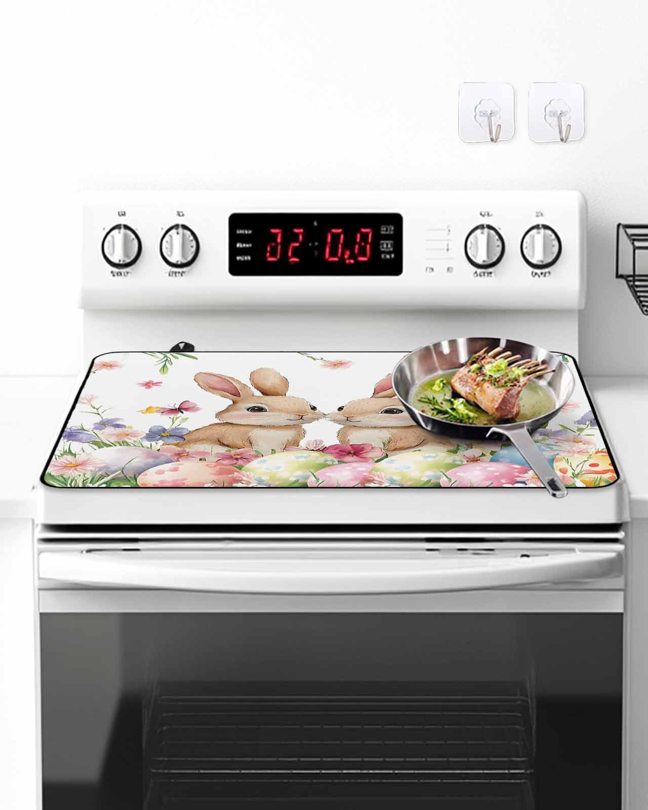 Stove Top Covers for Electric Stove, Spring Bunny Easter Glass Stovetop Cover Protector, Floral Botanical Colorful Eggs Induction Cooktop Protector Oven Mat for Kitchen Countertop 24"x21"