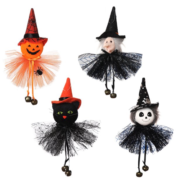 4 piezas de decoración colgante de fantasma de Halloween con campanas, muñecos de peluche de calabaza, fantasma, bruja y gato negro para patio, césped, jardín, fiesta y decoraciones navideñas