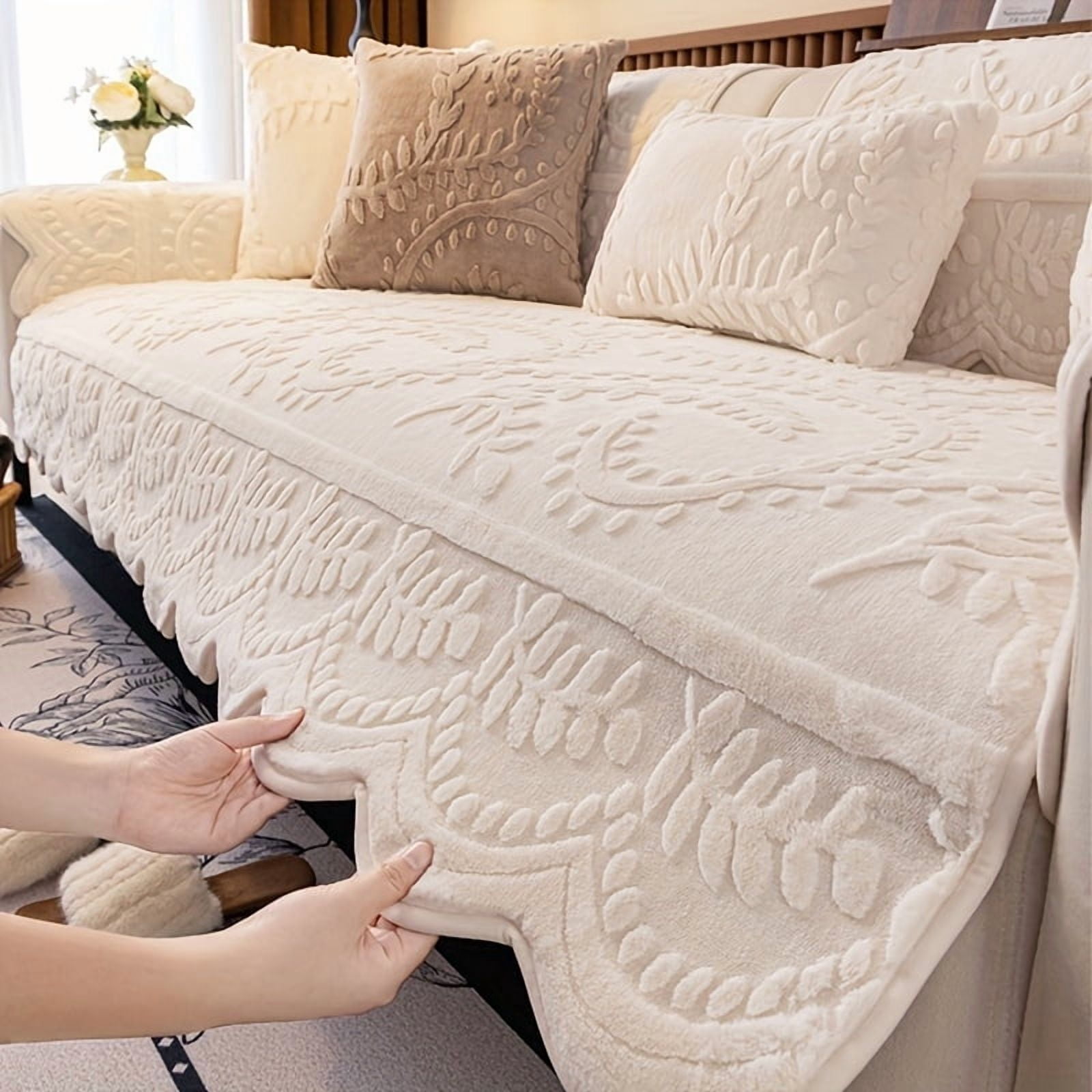 1pc Thick Faux Rabbit Fur Winter Warm Sofa Cover - Elegant Beige Floral & Leaf Pattern, Pet-Friendly Non-Slip Couch Protector for 1-4 Seater Sofas, Modern Style for Living Room, Bedroom, Office Decor