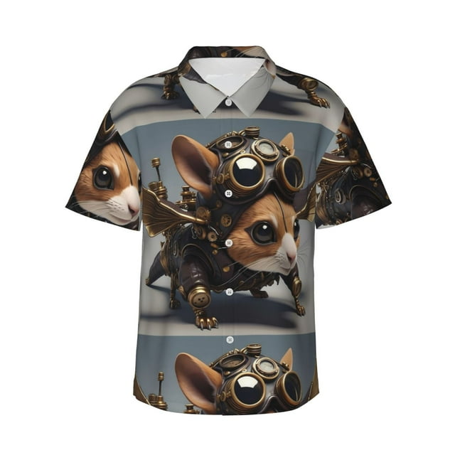 Balery Steampunk Squirrel Pilot Camisas hawaianas de manga corta para hombre, camisas playeras de corte holgado, camisas de vacaciones con botones,Medium