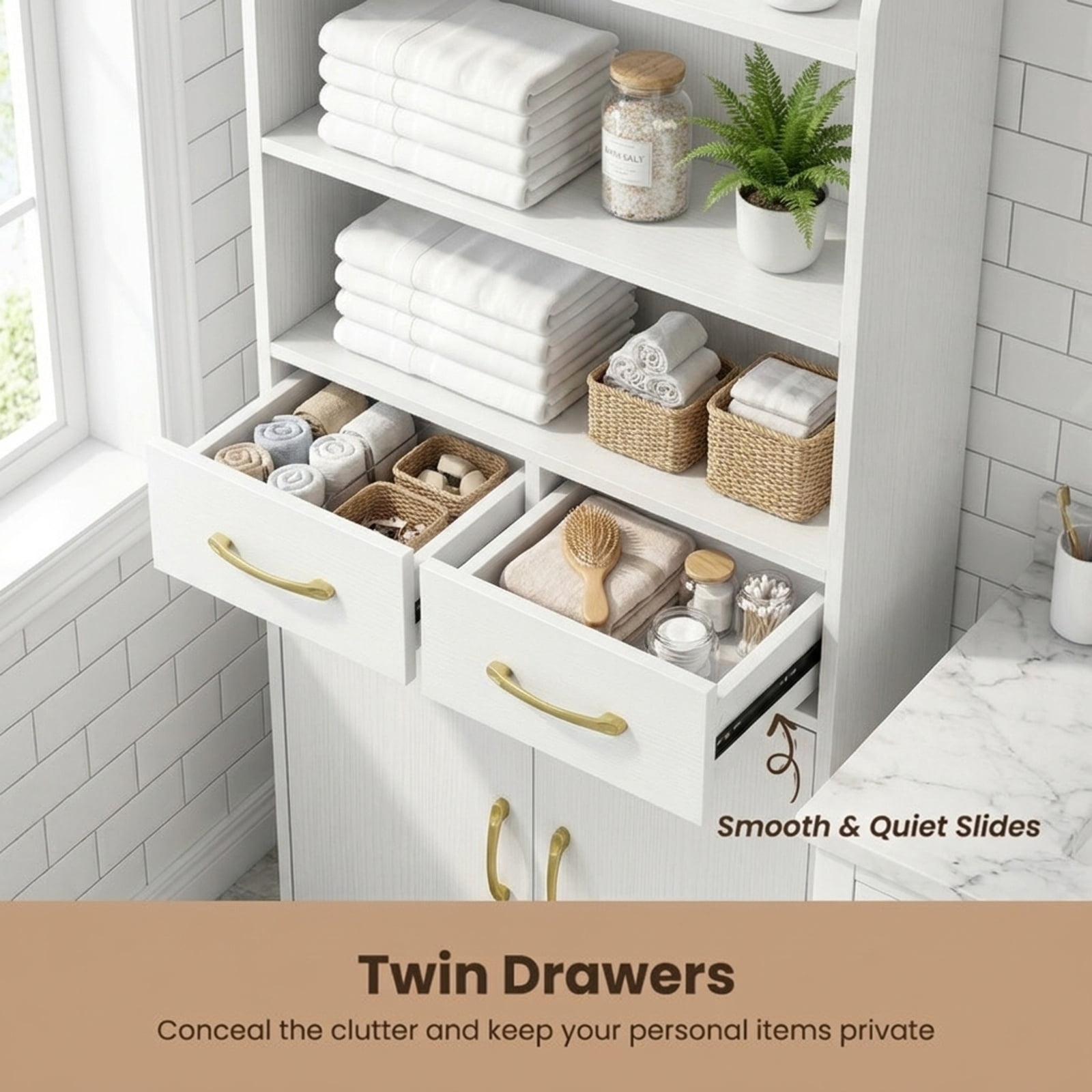 Vebreda Freestanding Bathroom Storage Cabinet, Bathroom Storage Cabinet Freestanding Floor Cabinet with 2 Drawers, Complement Various Rooms