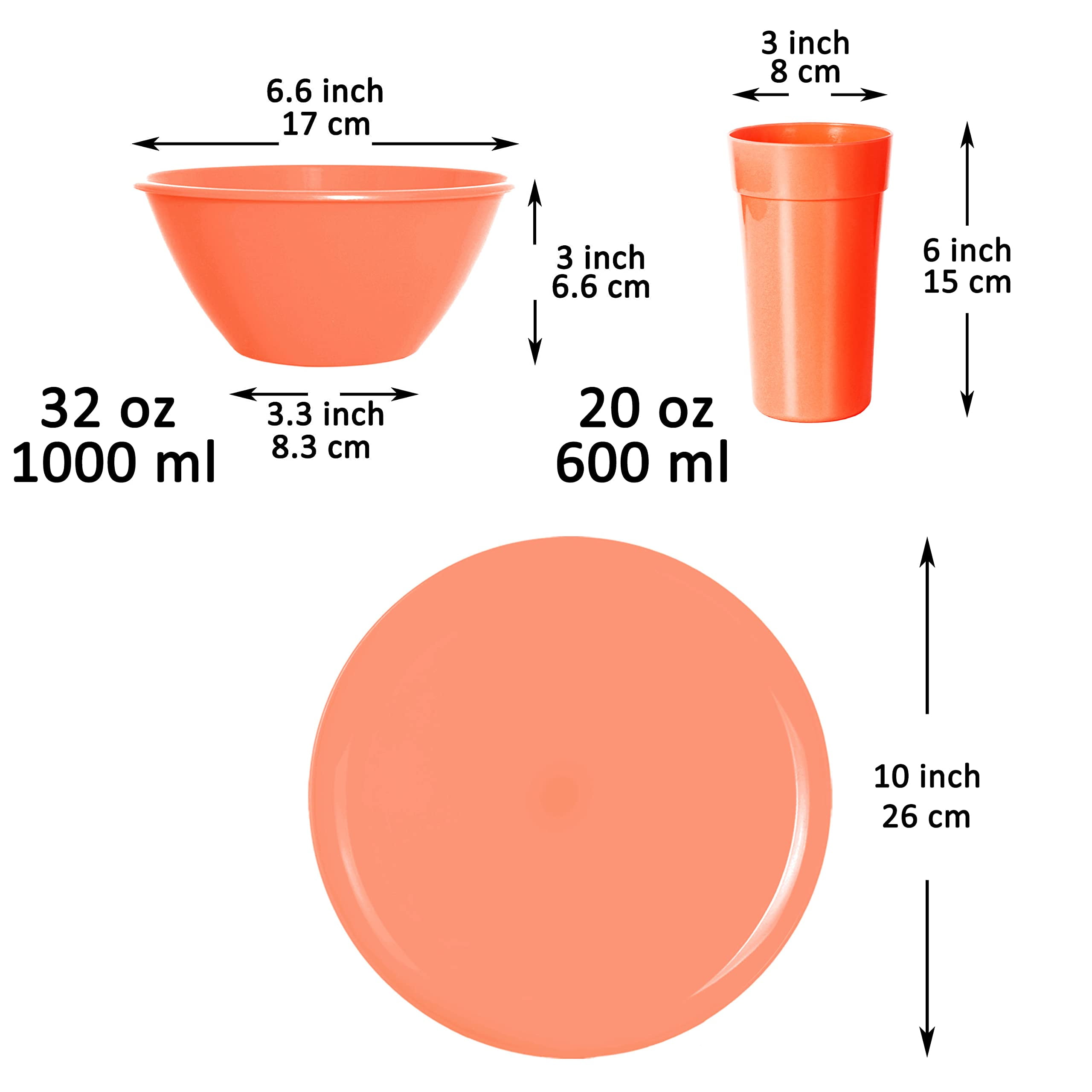 Youngever 18-Piece Plastic Kitchen Dinnerware Set, Plates, Dishes, Bowls, Cups, Service for 6 (Peach)