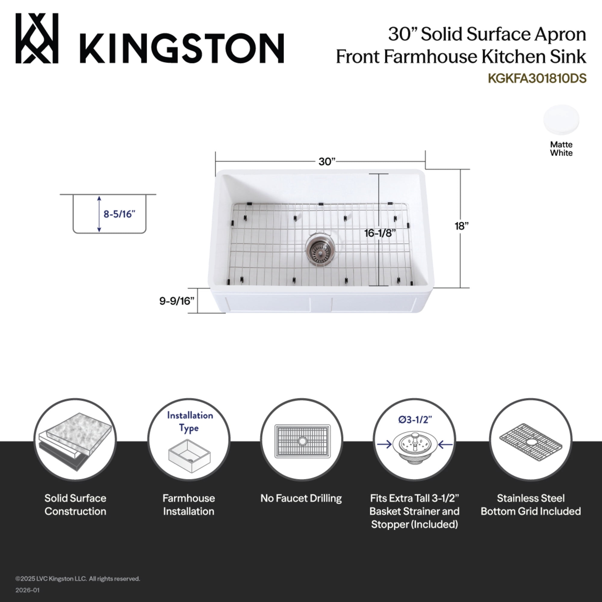 Gourmetier KGKFA301810DS Arcticstone 30-Inch Solid Surface White Stone Apron-Front Single Bowl Farmhouse Kitchen Sink with Strainer and Grid in Matte White/Brushed