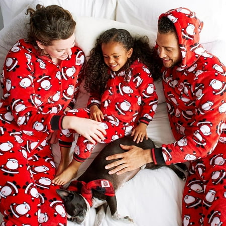 

HESHENG Christmas Family Matching One Piece Pajamas Set Hooded Jumpsuit PJs Parent-Child Zipper Xmas Sleepwear Home-wear Red-Santa