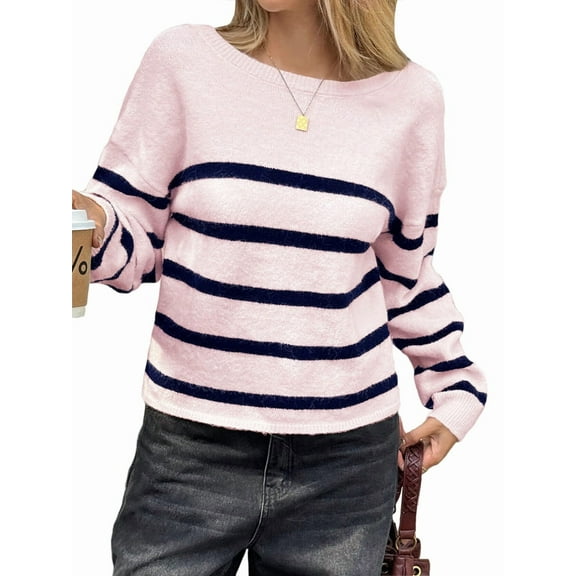 Women'S Crew Neck Cropped Sweater Fall Long Sleeve Chunky Knit Pullover Sweater Tops Pink Blue L