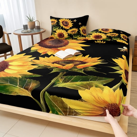 Queen Size Fitted Sheet Set - Sunflower 3 Piece Bedding Sets 16" Deep Pocket Fitted Sheet with 2 Pillowcases, Summer Bee Botanical Floral Black Brushed Microfiber Hotel Luxury Bed Sheets