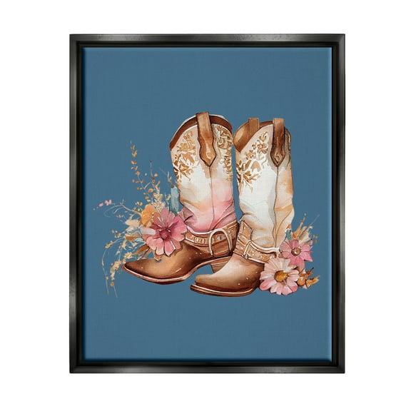 Stupell Industries Floral Cowgirl Boots on Blue Beauty & Fashion Painting Black Floater Framed Canvas Art Print Wall Art, 17 x 21