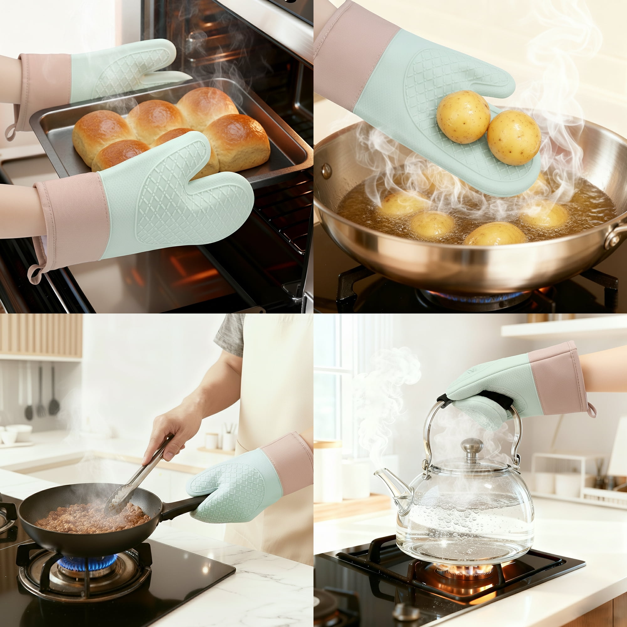 Unique Bargains 2pcs Soft Silicone and Cotton Heat-Resistant Oven Mitts Green 11.2" x 7.7"
