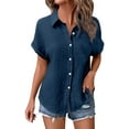 thumbnail image 3 of CUZIBR Women Stylish Linen Shirts Solid Color Short Sleeve Collared Button Down Tops Summer Casual Breathable Lightweight Roll Up Loose Fit Blouse Fashionable Clothes Tops Shirt,Navy,S, 3 of 9