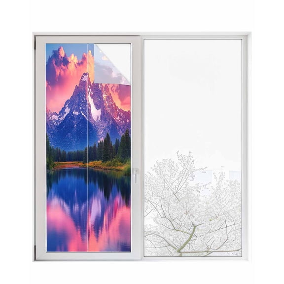 Window Privacy Film Purple Mountain Stained Glass Window Film Decorative Sun Block Window Cover Modern Art Forest Green Window Clings Static Adhesive Sticker for Bathroom 29.5"x78.7"