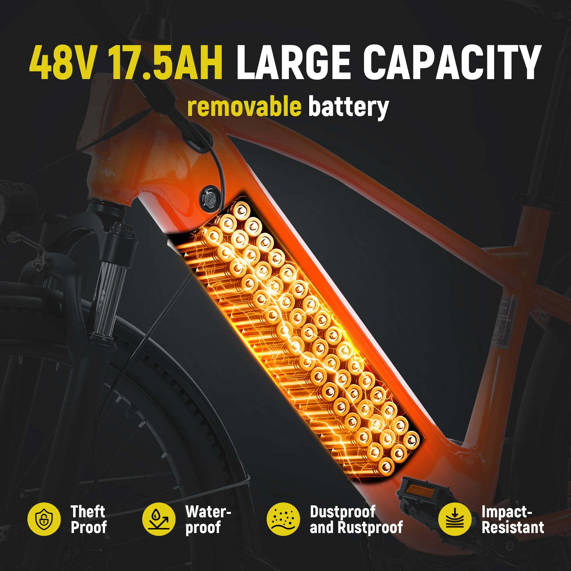 Adult Electric Bike – 70-Mile Range, 1300W Peak Motor, 28MPH, 840Wh Removable Battery, 26" Tires, 7-Speed Adjustable Stem, Step-Over Ebike, Orange with Phonebag & Lock