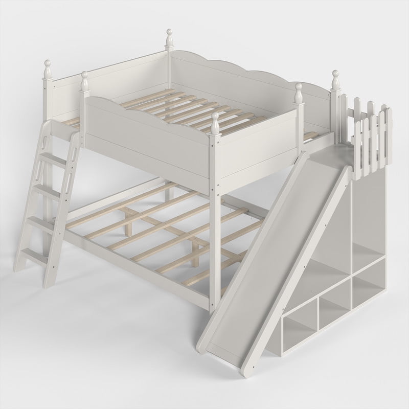 Full Over Full Bunk Bed with Slide and Ladder, Solid Wood Kids Bunk Bed with Storage Shelves and Hanging Rod, Low Profile Design, Full-Length Guardrails