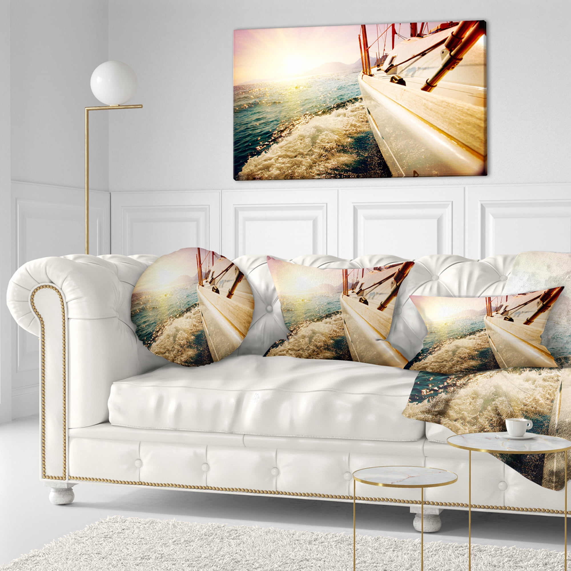 Designart Huge Yacht Sailing Against Sunset - Pier Throw Pillow - 12x20