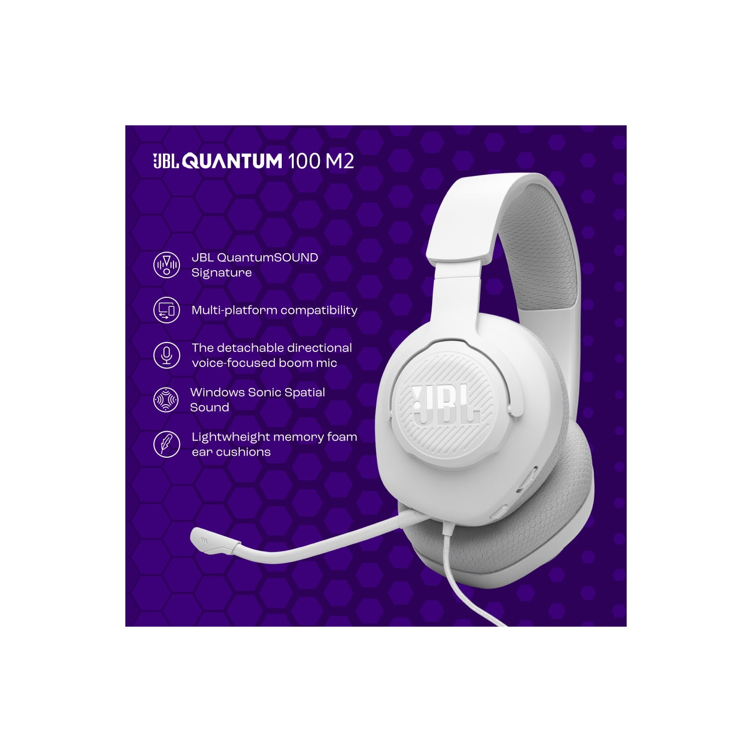 JBL Quantum 100M2 - Wired over-ear gaming headset with detachable mic and mute option - White
