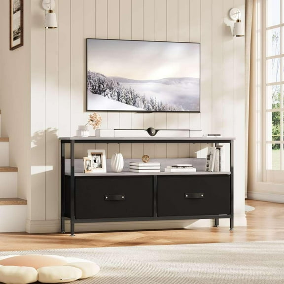 GAOMON 50" TV Stand with Storage, Rustic Entertainment Center with 2 Drawers, Dresser-Style TV Console Table for Bedroom or Living Room, Grey Board with Black Drawers