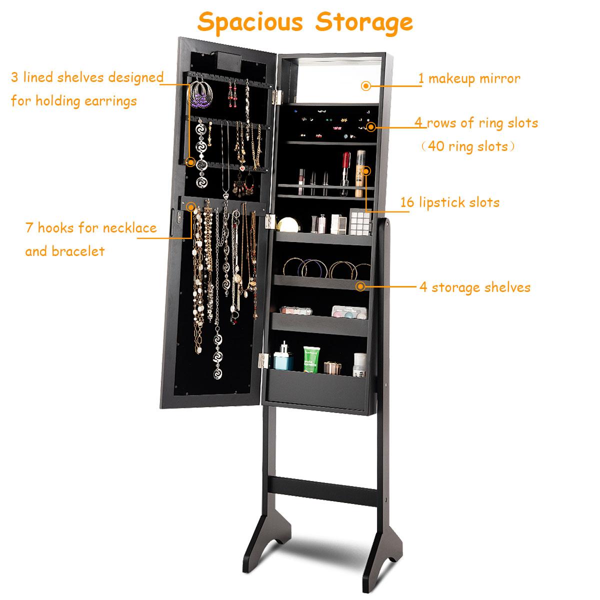 Giantex Jewelry Cabinet Box Armoire Organizer with 18 LED, Standing for Home Bedroom 16 Lipstick Holder 1 Inside Makeup Mirror Full Lights, Large Storage Mirrored Cabinets Jewelry Armoires (Black)