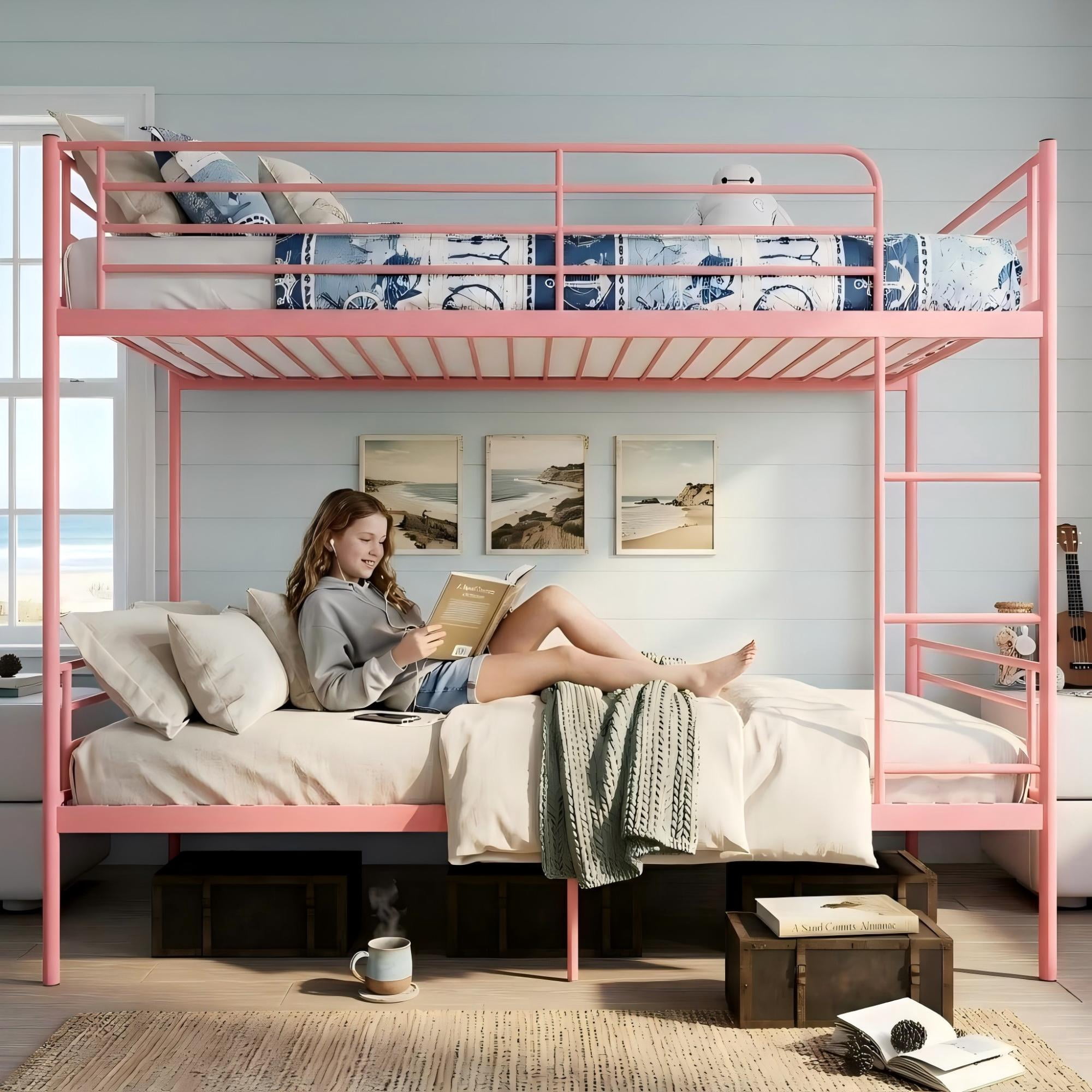 Aukfa Twin over Twin Metal Bunk Bed, Heavy Duty Convertible Bunk Bed Frame Separates into 2 Twin Beds, Pink