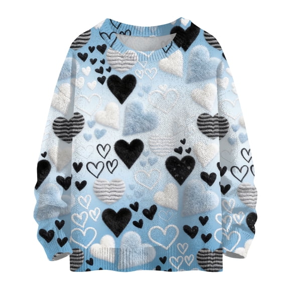 Nokdvo Woman Sweatshirt Sherpa Valentine Love Heart Print Crew Nneck Pullover Top Fall Winter Casual Knitted Loose Fit Pullover Sweaters,Light Blue XL