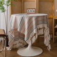 thumbnail image 2 of Nappe à Rayures Boho avec Pompons Faits à la Main Lavable Anti-Poussière pour Tables Rondes (Rayures, 51"x71 Pouces), 2 of 5