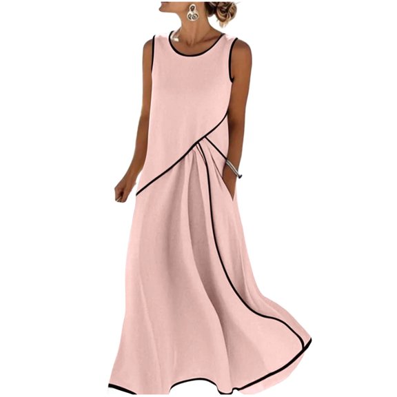 Long Dresses for Women Trendy Color Block Crewneck Maxi Sundress with Pockets Casual Summer Linen Blend Dress Pink S