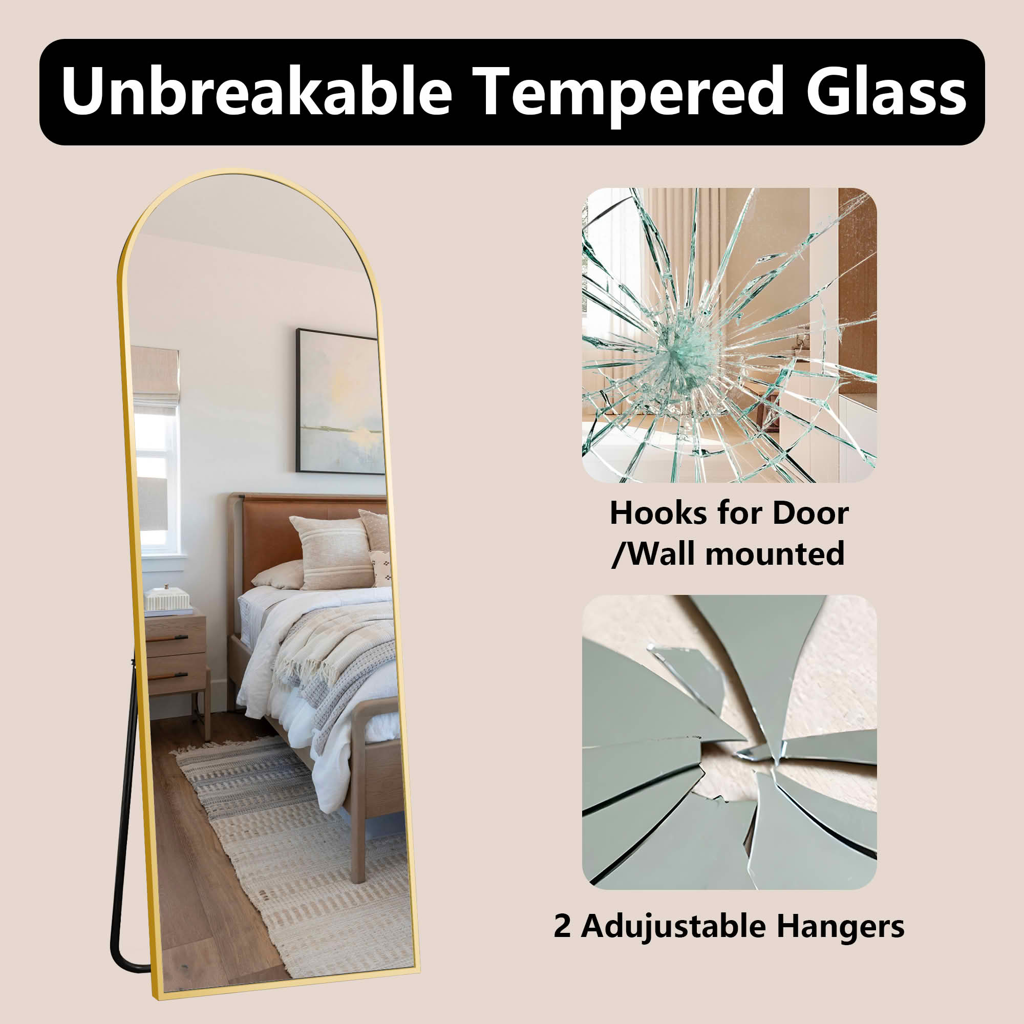 MAYEERTY 64x21in Aluminum Full-Length Mirror, Arch Shape Tempered Glass With Stand, Gold