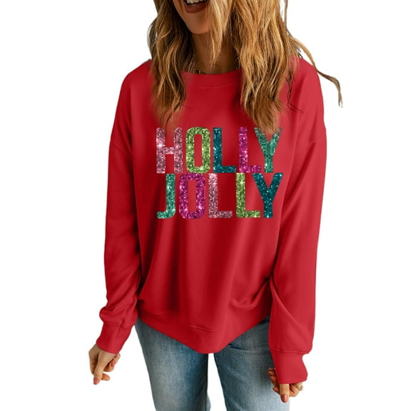 Women's Red Glittering HOLLY JOLLY Graphic Christmas Pullover Sweatshirt | [ZhiHiMeRi] | (US 20-22)2XL