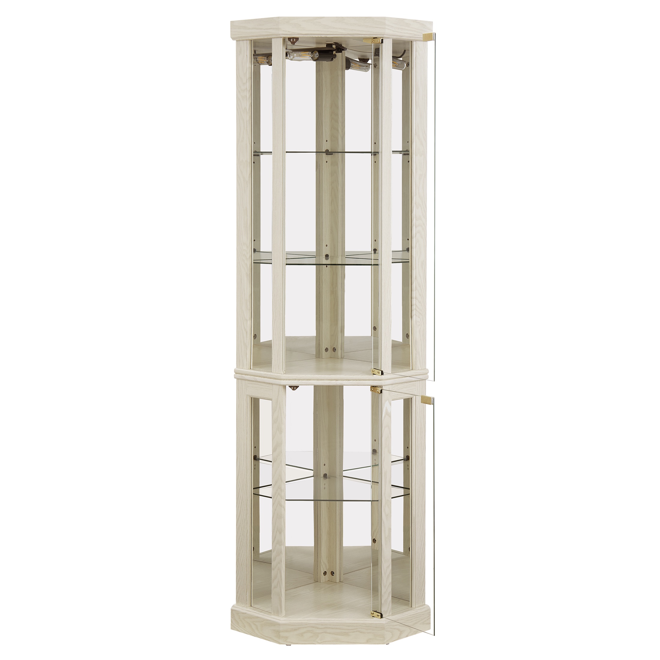 PORKISS Lighted 3-Side Glass Display Curio Cabinet with Tempered Glass Doors and Shelves, China Cabinet Wood Corner Cabinet with Bulb, Corner Curio Storage Rack for Bar, Liquor Storage, White