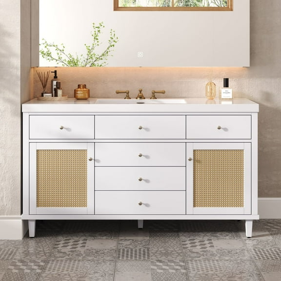 Christopher Knight Home 60" Bathroom Vanity with SMC Sink, Storage Cabinet and Drawers, Wood Frame, White