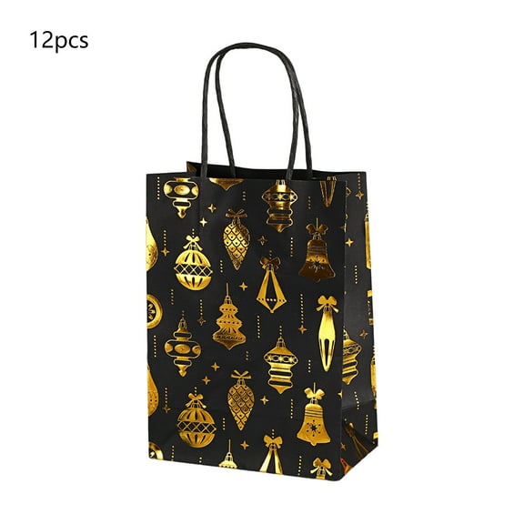 CuiLiyq 12 Pcs Christmas Black Gift Bags with Gold Bronzing, Christmas Wrapping Bags with Handles, Xmas Gift Bags for Holiday Party Favors and Decor Supplies (Christmas Balls)