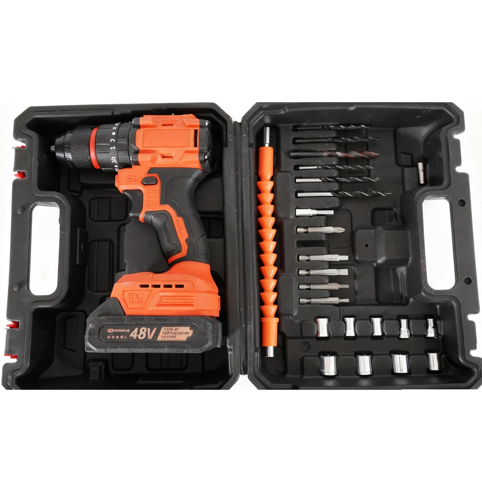 SUSUZI 48V Cordless Drill Set - 60Nm Max Torque, 34Pc Accessories, 2-Speed (0-1300 RPM), 3/8" Keyless Chuck, LED Light & Fast Charger - Power Drill for Wood/Metal/Brick DIY Projects