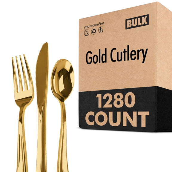 Gold Plastic Silverware Set (1280 Pack) – Includes 640 Forks, 320 Knives, 320 Spoons, Heavy-Duty Disposable Flatware for Parties, Weddings & Events