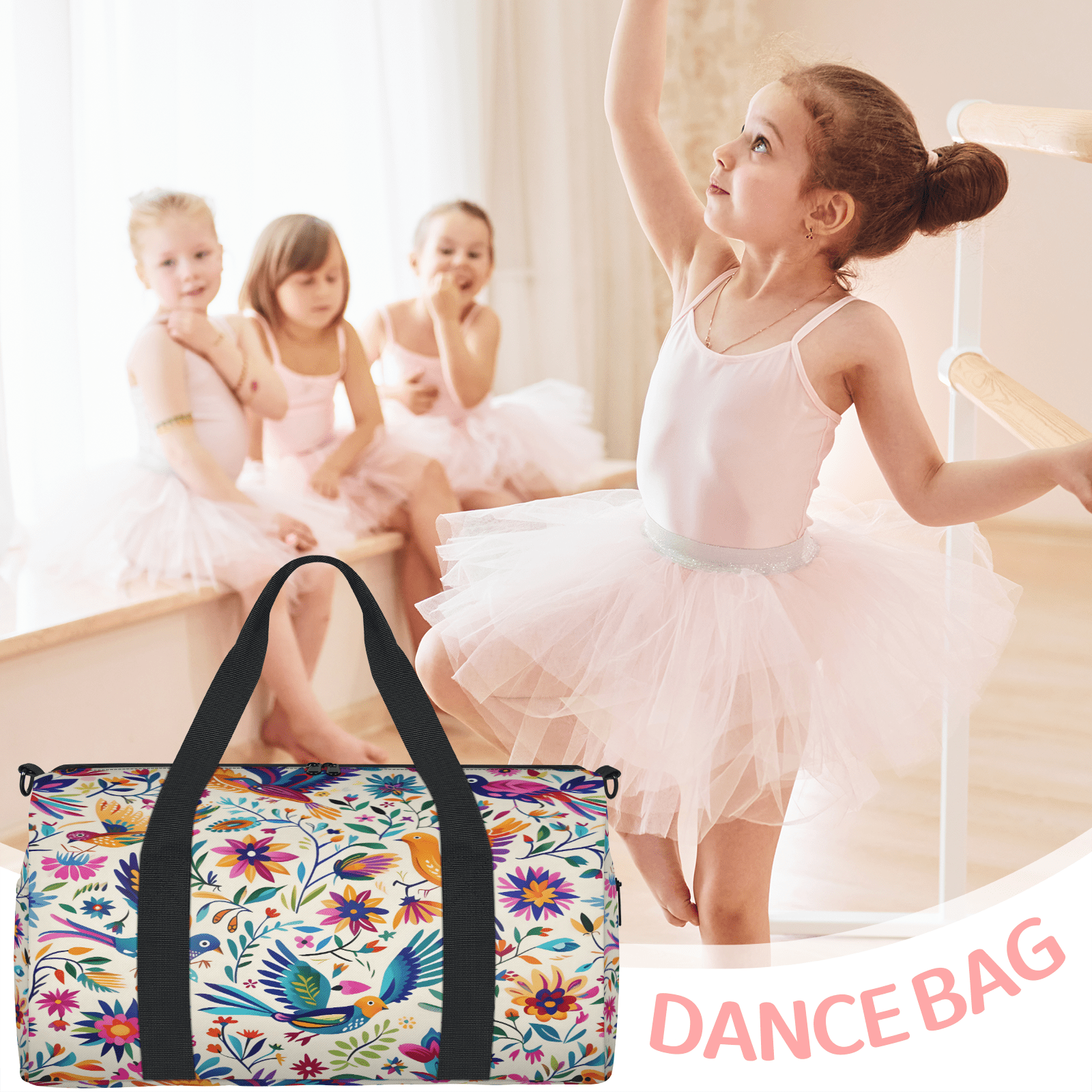 Herdesigns Mexica Mexico Floral Bird Gym Bag for Women, Duffle Bag for Travel Sport, Lightweight Waterproof Carry on Weekender Overnight Dance Yoga Workout Bags