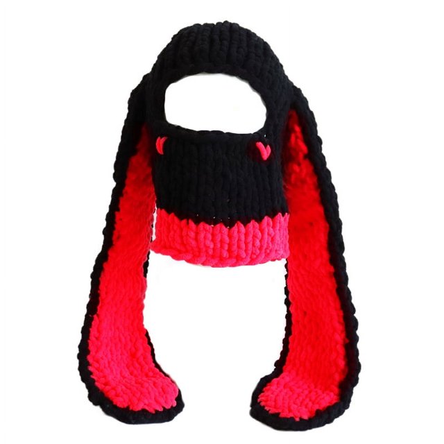 Women Girls 1-Hole Knit Hat Face Mask 3D Funny Bunny Ears Sweater Hat with Scarf Headwear-Winter Warm Hat Knit Skull
