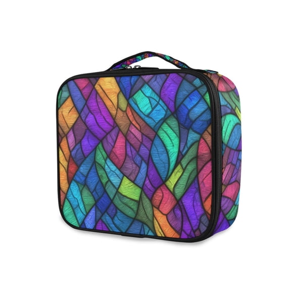 FORMRS Travel Makeup Bag Large Capacity Train Case Cosmetic Organizer with Adjustable Dividers, Vibrant Stained Glass Pattern