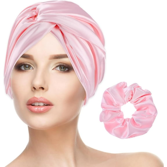 YooGuoGuo 2 Pcs Satin Silk Hair Bonnet for Sleeping Adjustable Silk Hair Wrap Turbans for Women Sleep Cap with Silk Scrunchies