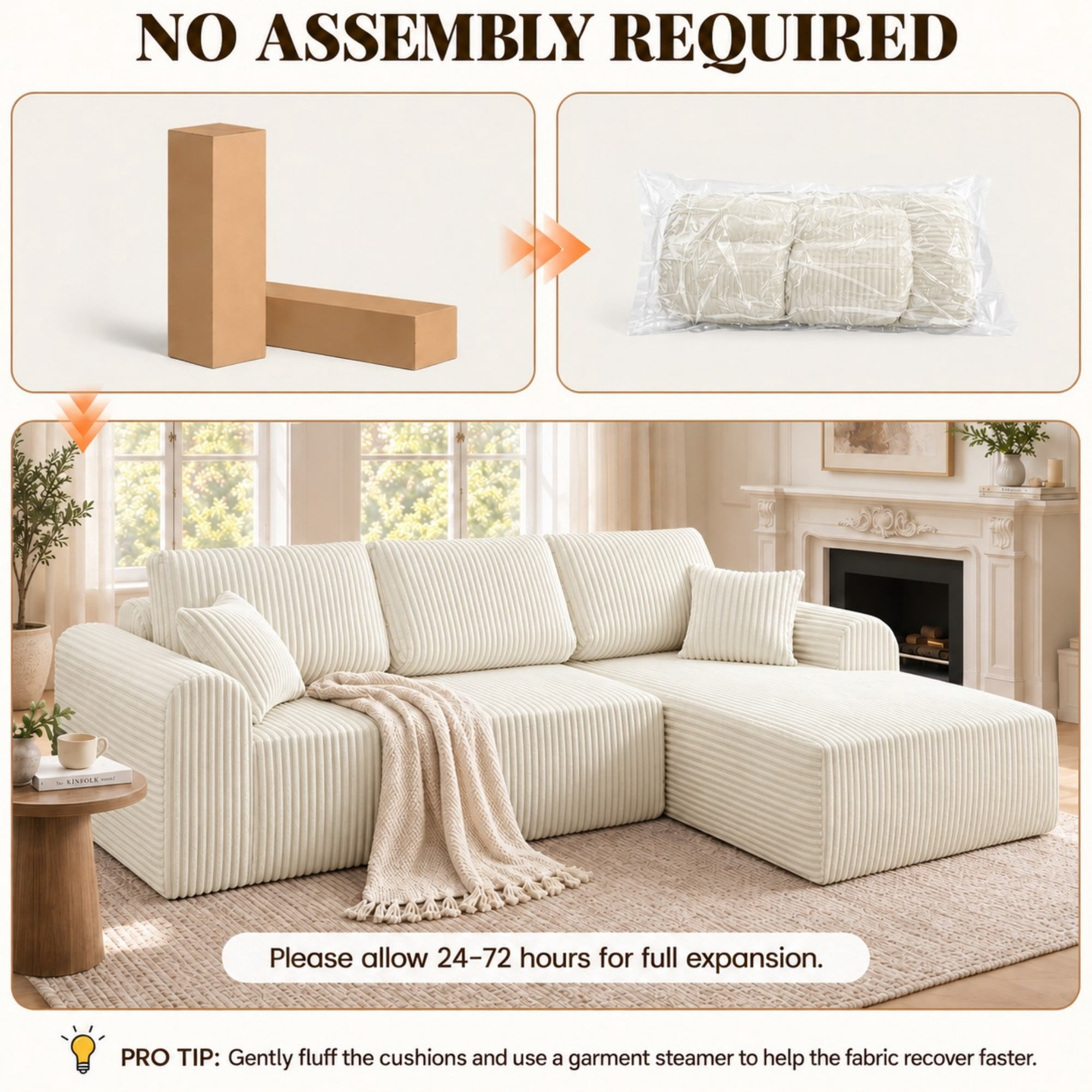 DEALTOPS 109" Corduroy L-Shape Floor Cloud Couch, Deep Seat Modular Sectional Sofa, Right Chaise, White