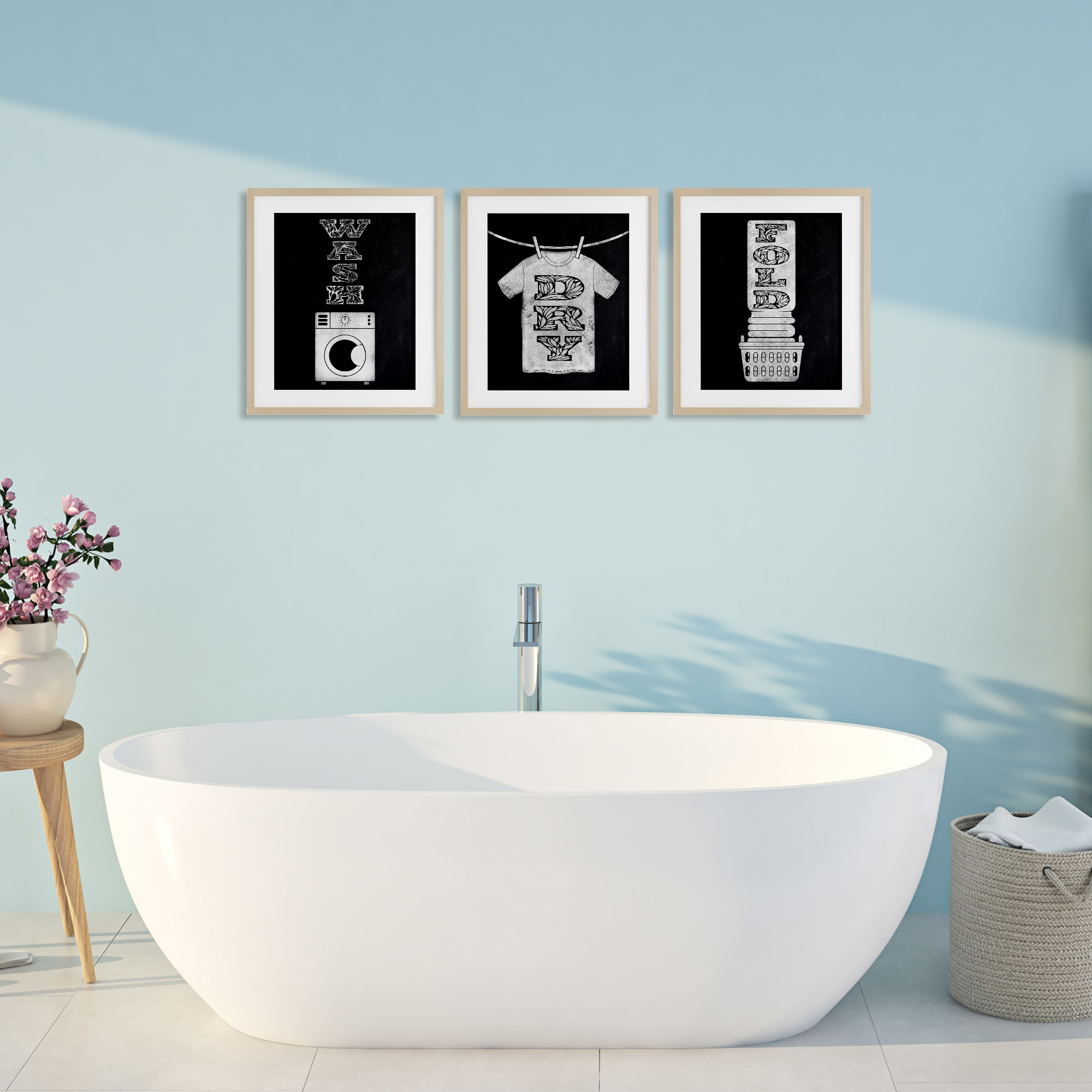 Wash & Dry Ornate Letters 3 Piece Birch Framed Print Under Glass Set, design by Marcus Prime