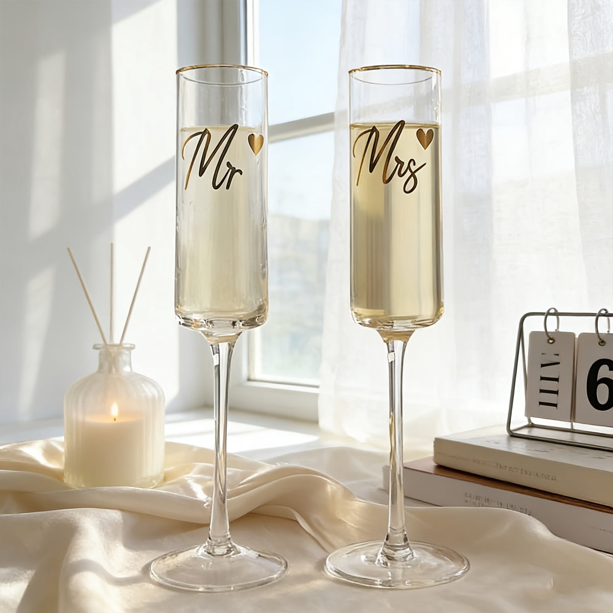2Pcs Mr & Mrs Champagne Flutes, Golden-Embossed Wedding Toast Glasses, Tulip Stemmed Couple Cups for Wedding Anniversary Bridal Shower and Registry Idea, Perfect Gift for Newlyweds Bride Groom