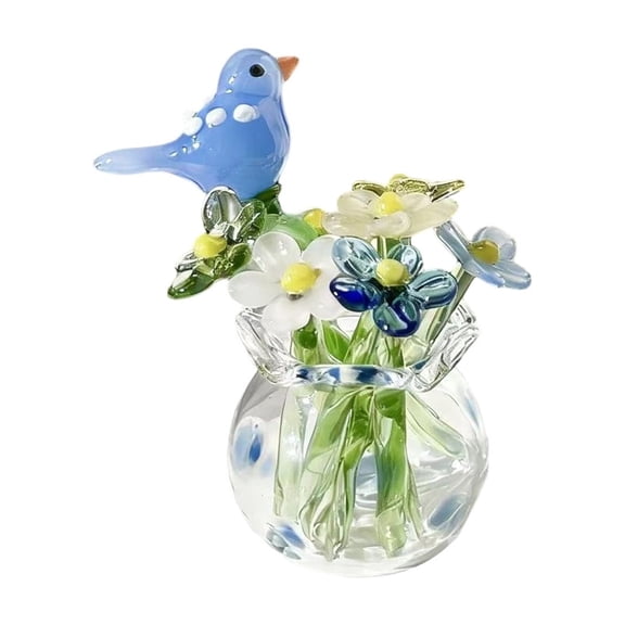 Ovzne Handmade Glass Vase Set – Mini Blue Glass Ornament with Floral Bird Accents for Desk Decor
