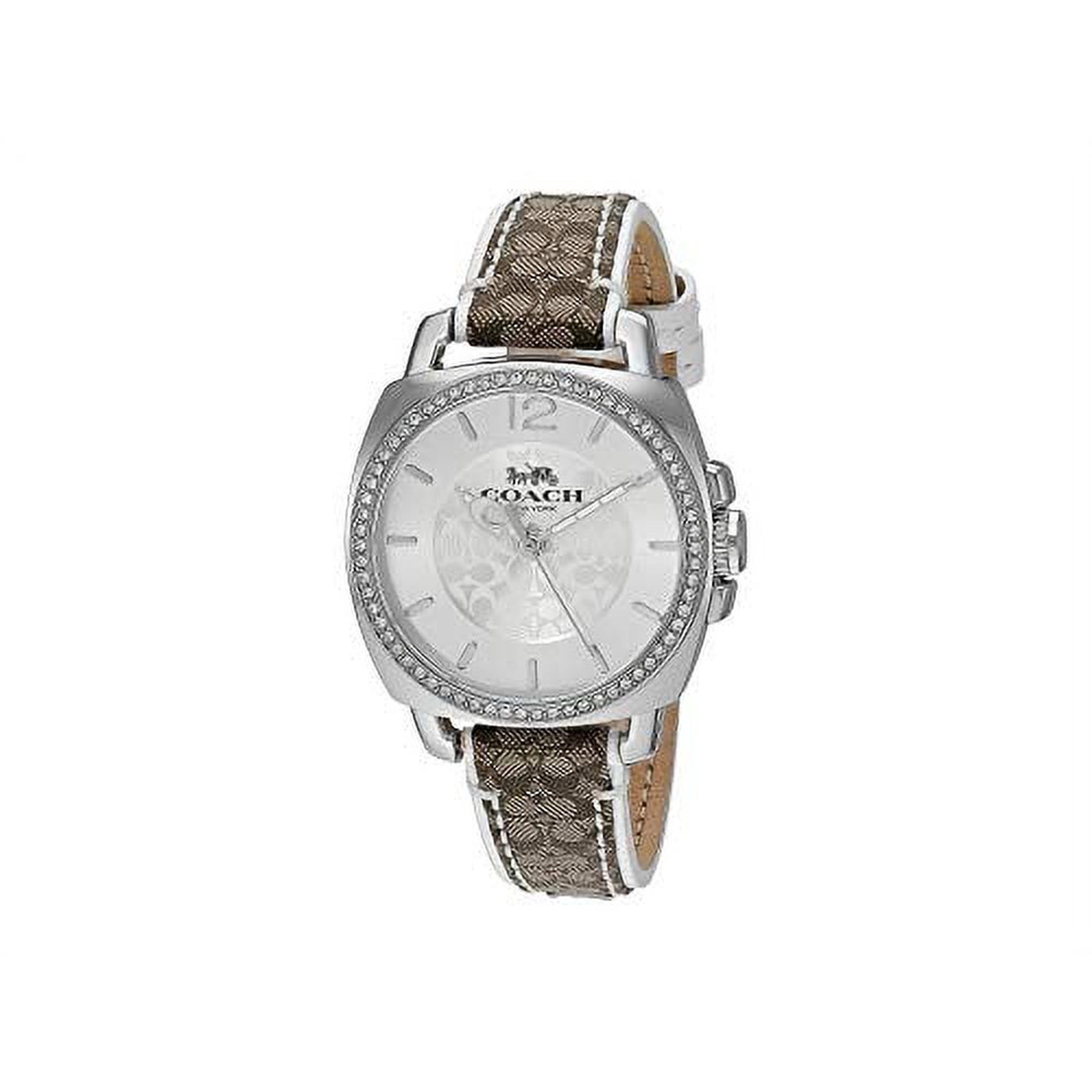 Coach 14503148 Boyfriend Silver Tone Logo Dial Brown/White Logo Design Leather Band Women's Watch