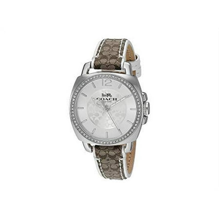Coach 14503148 Boyfriend Silver Tone Logo Dial Brown/White Logo Design Leather Band Women's Watch