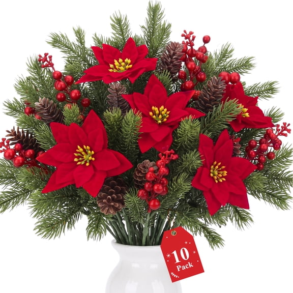 AcerichFad Christmas Flowers Decorations, 10 Pcs Christmas Artificial Poinsettia Floral with Pine Cone Red Berry Stems for Indoor Outdoor Xmas Tree Party Holiday Table Decor