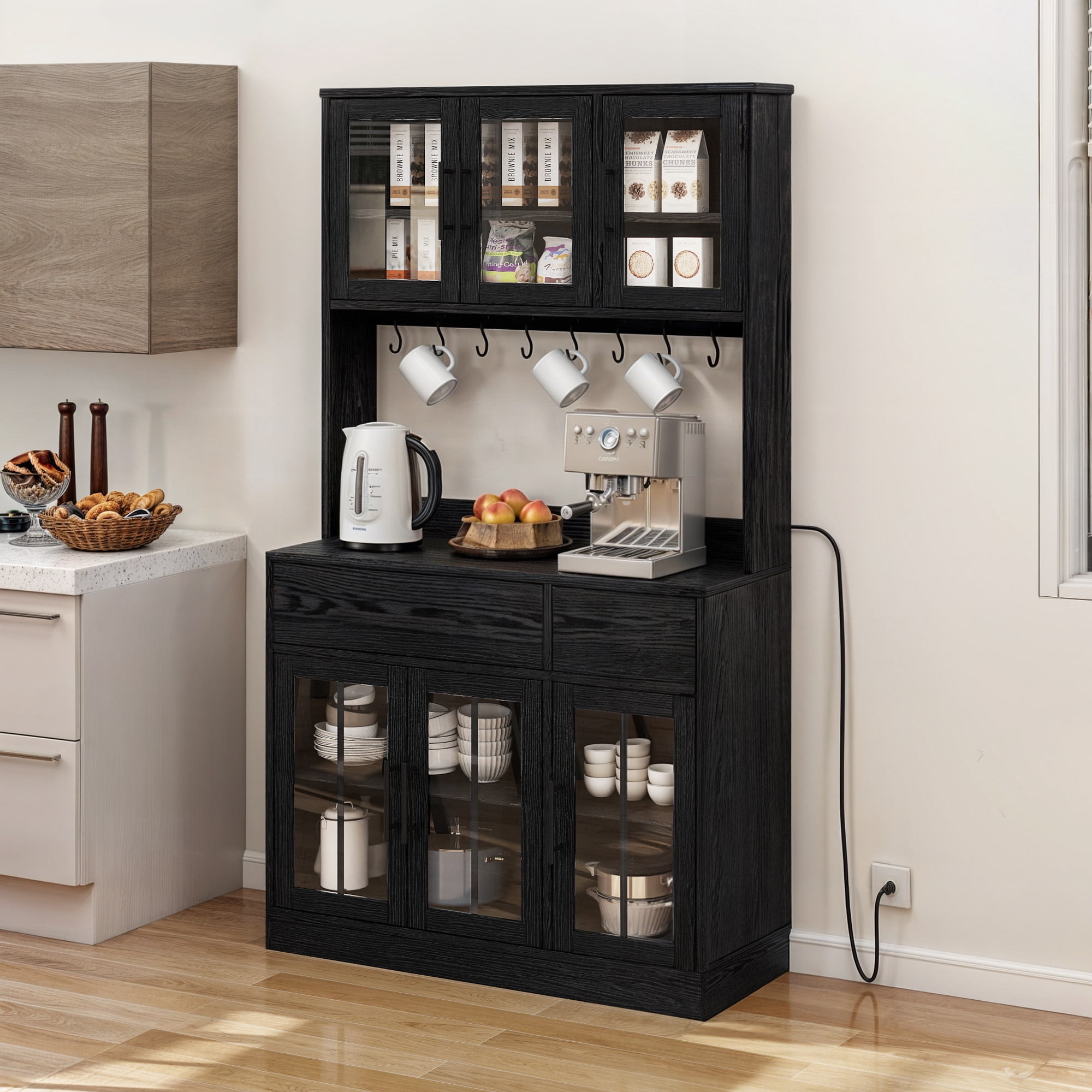 Dextrus 71" Tall Pantry Storage Cabinet with Power Strip, Hooks, 2 Drawers, Microwave Stand, Kitchen Organizer, Black