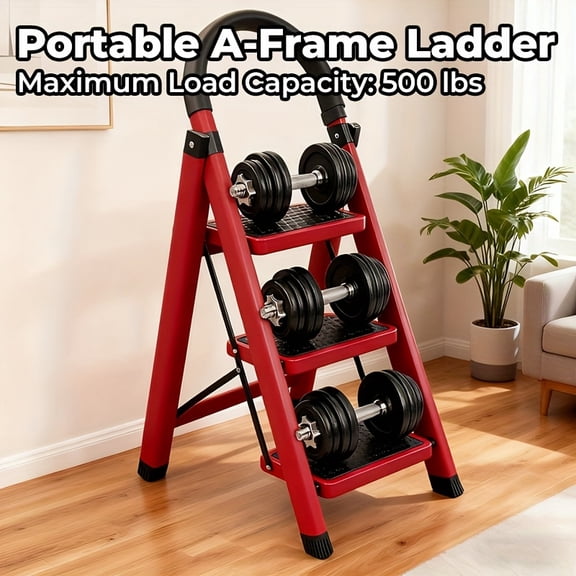 500lbs Load Capacity Heavy-Duty Folding 3 Step Ladder - Steel Step Stool with Anti-Slip Wide Treads, Safety Lock Handrails, Portable Multi-Functional Ladder Suitable for Home, Kitchen
