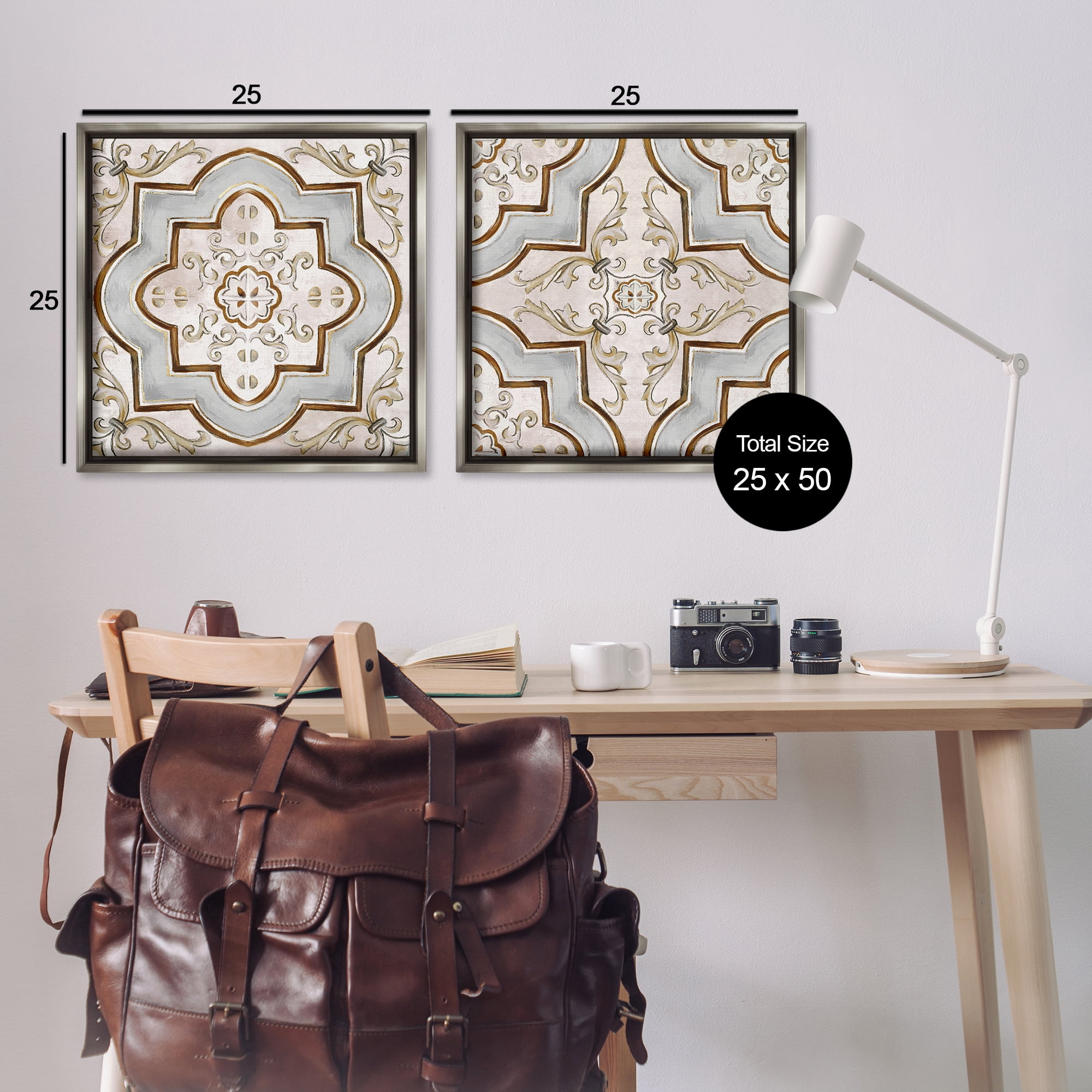 Stupell Industries Moroccan Tile in Neutrals Abstract Painting Gray Floater Framed Canvas Art Print Wall Art, 25 x 25, Set of 2