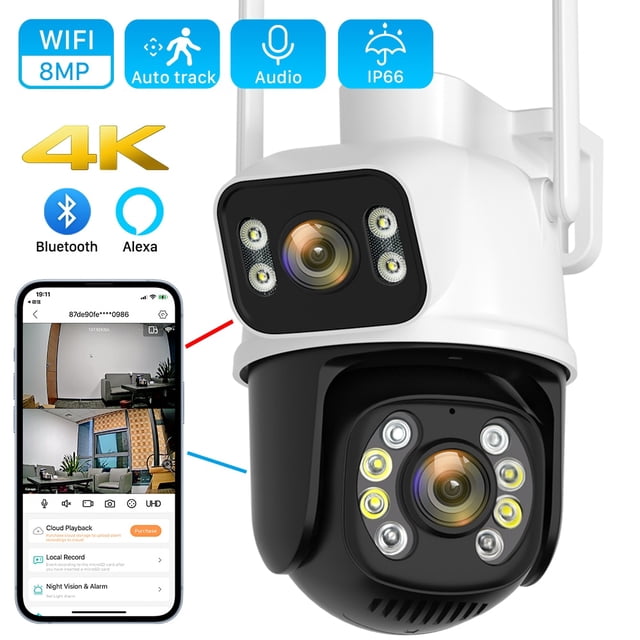 Cámara de vigilancia con Wifi, dispositivo de 8MP y 4MP, doble lente, pantalla Dual, impermeable, visión nocturna IR a Color, seguimiento automático en la nube, ICSEE