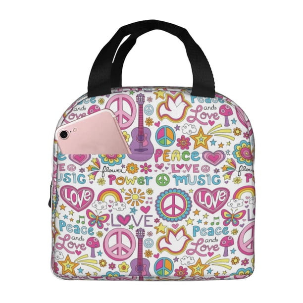 Fotbe Peace Love and Dove Flower Power Bolsa Térmica con Estampado y Forro de Aluminio Grueso Bolsa de Almuerzo con Bolsillo Frontal para Hombres y Mujeres, Ideal para Trabajo, Escuela