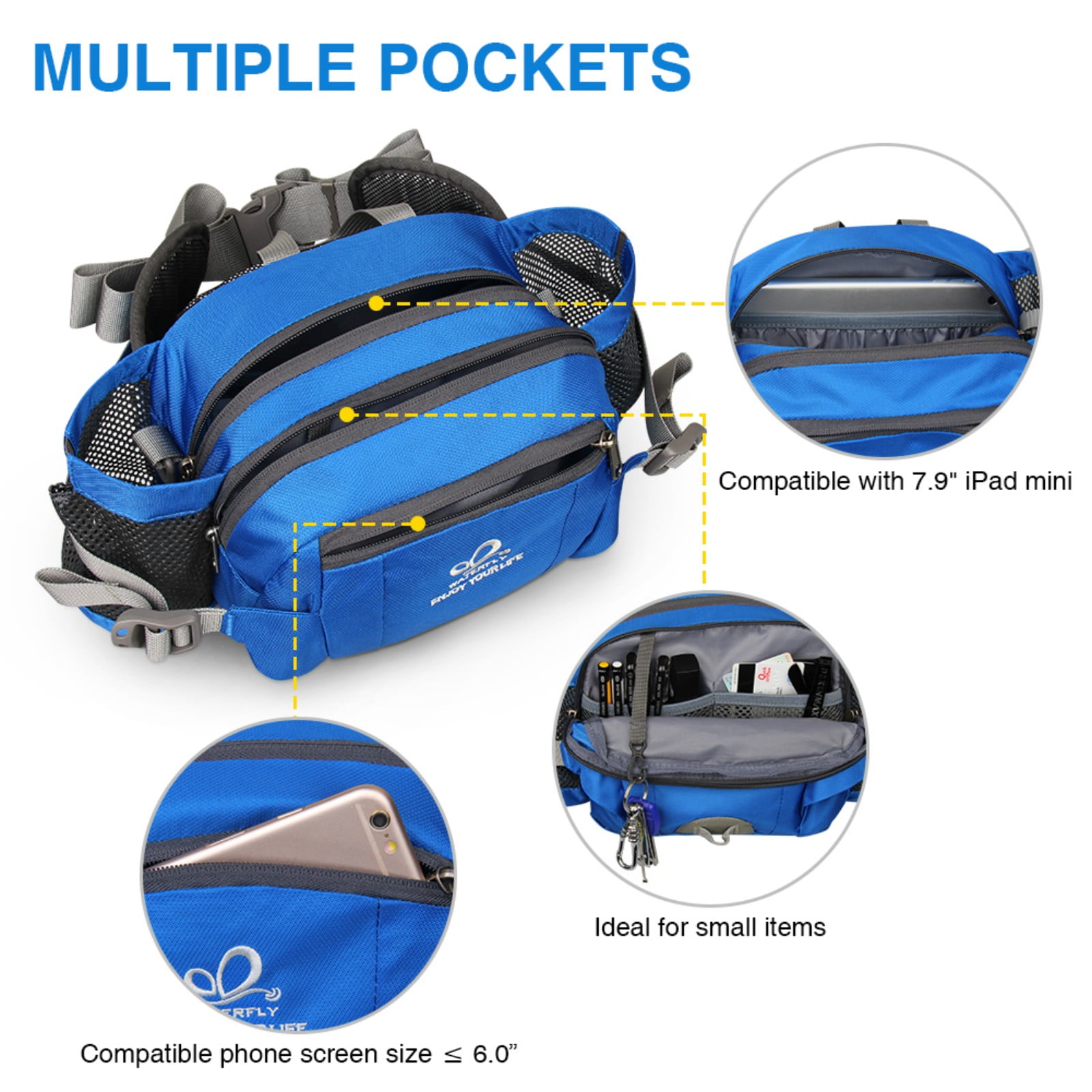 WATERFLY Unisex Large Capacity Hiking with Bottle Holder Nylon Fanny Pack Waist Bag,Blue