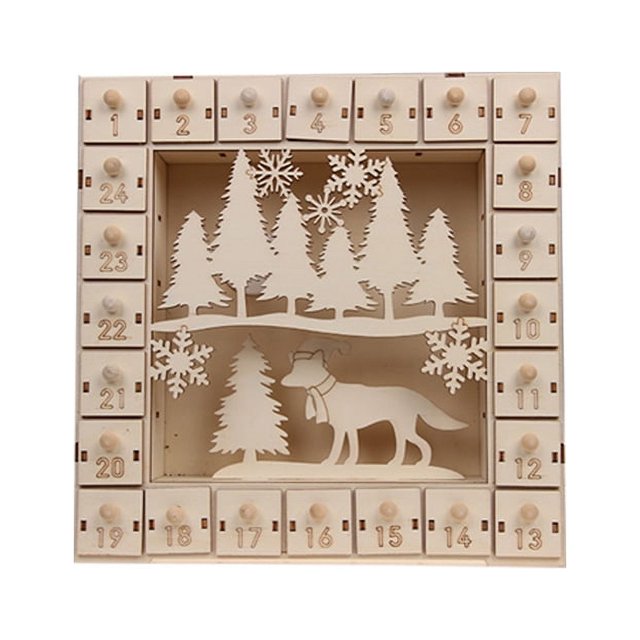 Cajón de madera tallada Día de Navidad Día de Adviento Calendario Luces LED